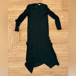 Tibi Black Ruffle Trim Midi Dress XS Long Sleeve Asymmetrical Hem